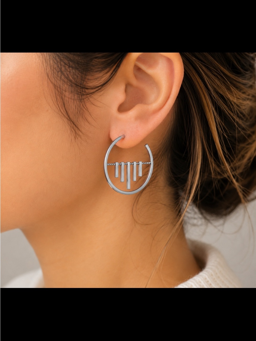 Marlyn Schiff Silver Geometric Hoop Earrings with Moving Rectangular Drops NEW